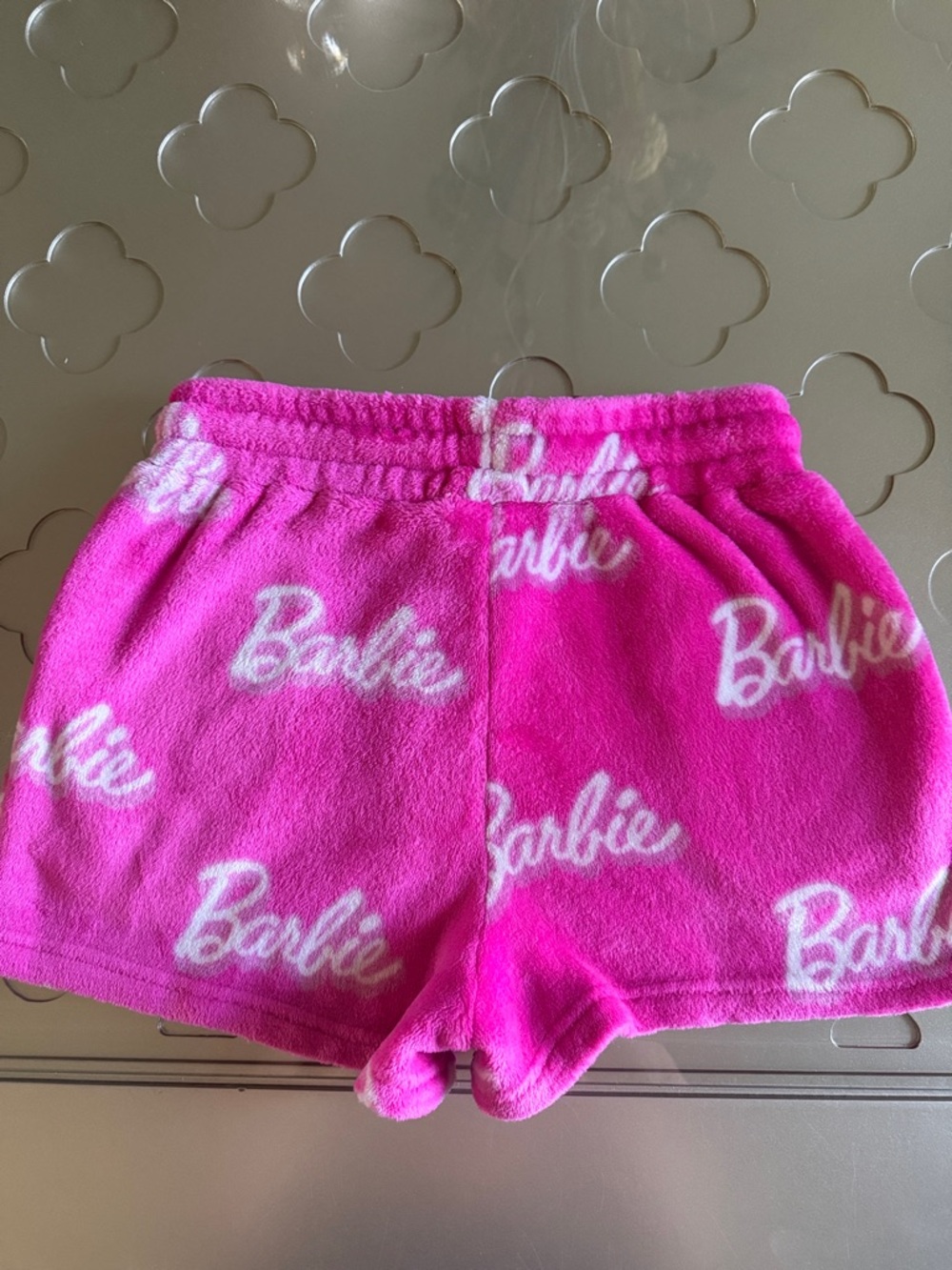 BARBIE Plush Lounge Shorts Pink Logo Fleece Pajama Sleep Shorts Size Small - Picture 4 of 14